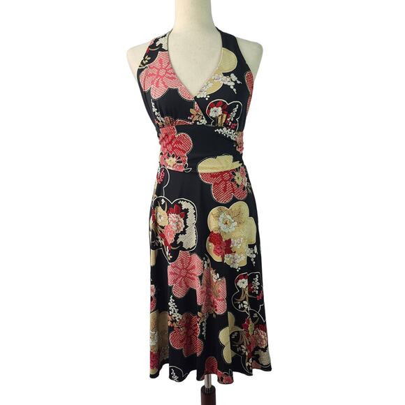 Bisou Bisou Michelle Bohbot Black Tan Read Abstract Floral Halter Dress Size 4 - Picture 1 of 5